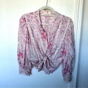 Love Shack Fancy pink floral lace and silk blouse